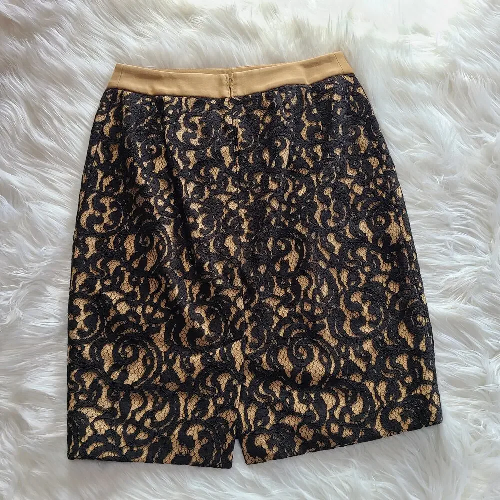 Ann Taylor Loft Black Camel Lace Curvy Pencil Skirt Size 4 Straight Stretch Fit - Picture 2 of 3
